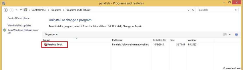 Parallels Tools in Control Panel -> Programs